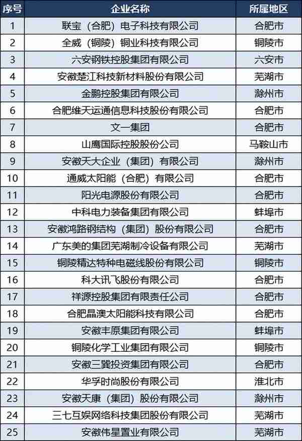 2022安徽民营企业100强：合肥39家，六安淮北宣城各3家